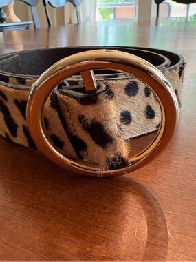 Anthropologie Leopard Haircalf Oval Buckle Belt in Tan and Black XL